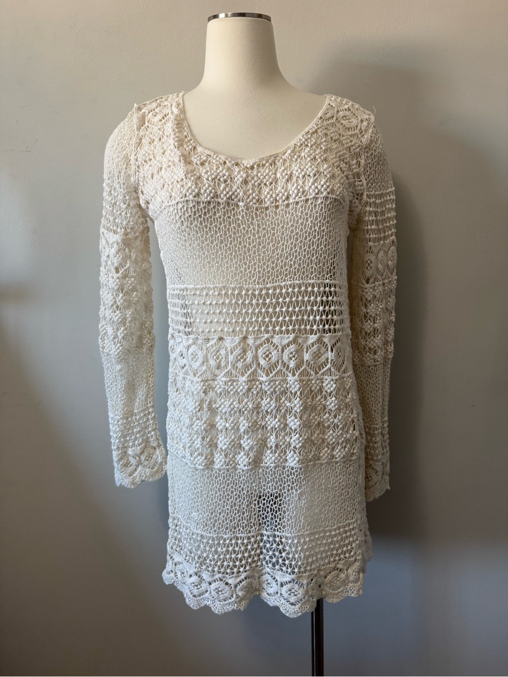Cream Crochet Cotton Swim Coverup or tunic Small